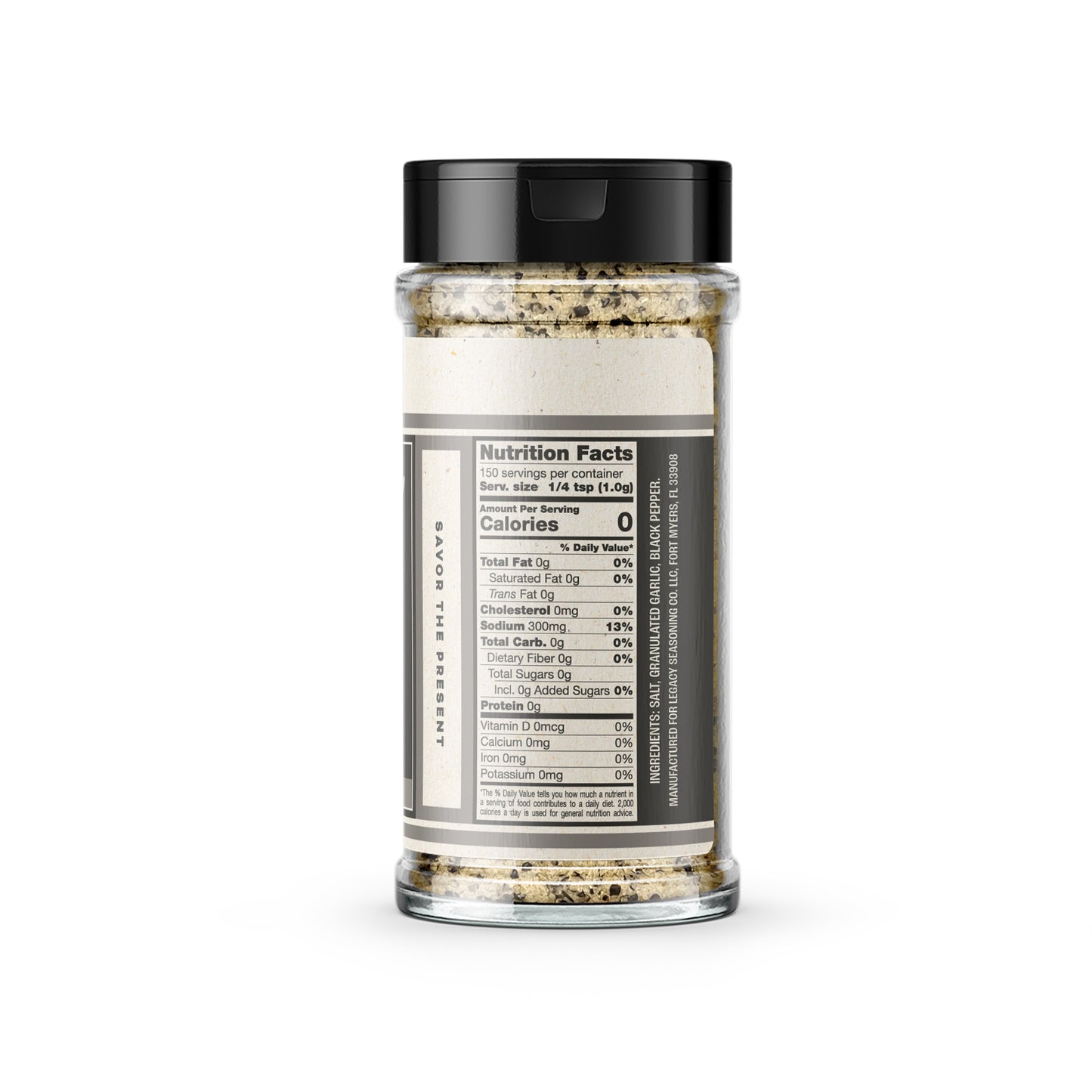 Nutrition panel for Signature Blend SPG:
Per ¼ tsp (1.0g) serving (150 servings per container):
Sodium, 300mg, 13% daily value.
All other nutrients 0% daily value.
Ingredients: Sea Salt, Crystalized Lime (Citric Acid, Lime Oil, Lime Juice), Citric Acid, Rice Concentrate, Cayenne Pepper, Aleppo Pepper, Sumac, Paprika, Chili Pepper.
Manufactured for Legacy Seasoning Co LLC, Fort Myers, FL, 33008.