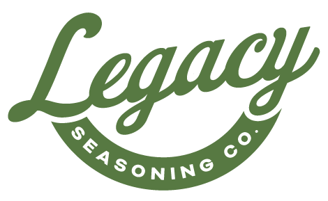 Company logo: “Legacy” in green cursive. Below, white text reading “Seasoning Co” in an upturned green semi-circle.