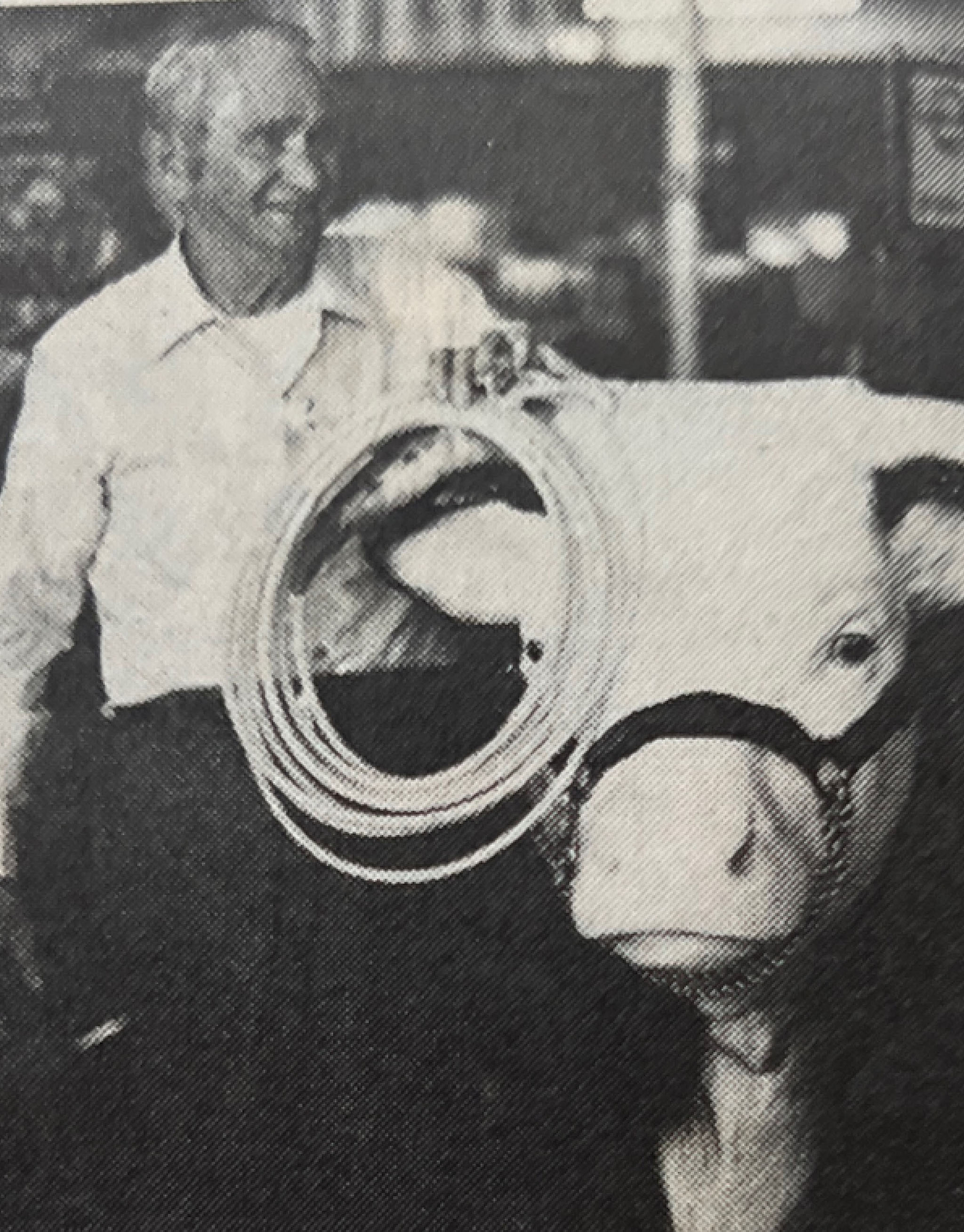 A black and white photograph of Bill Gerstman, next to a white steer, holding a coil of rope.